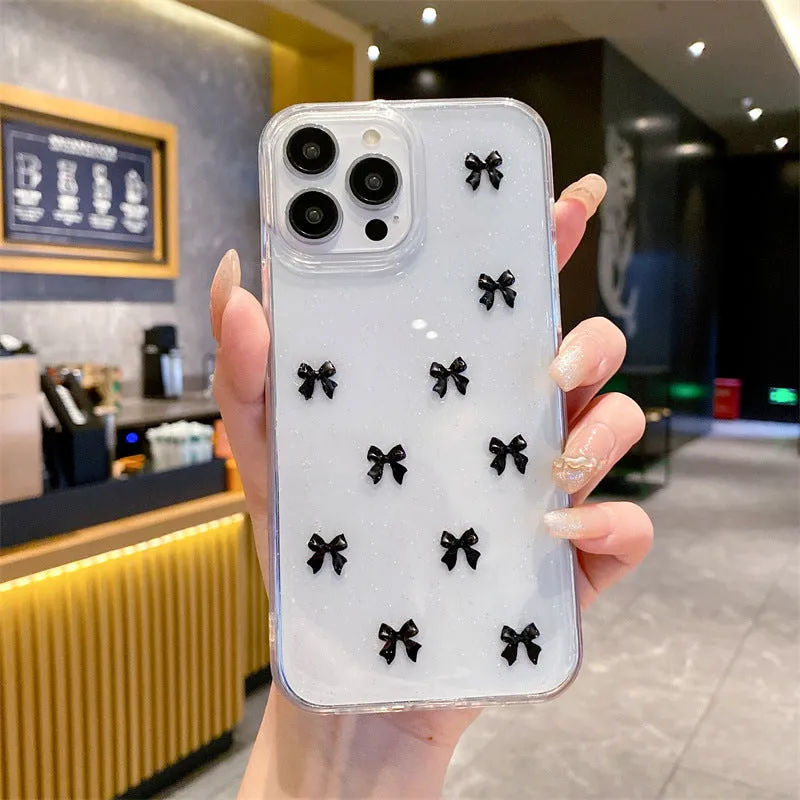 Epoxy glitter bow silicone phone case for iPhone 16 Pro Max in white