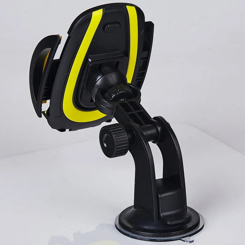 Red ABS car phone holder with U-shaped bracket and suction cup mount on a dashboard.