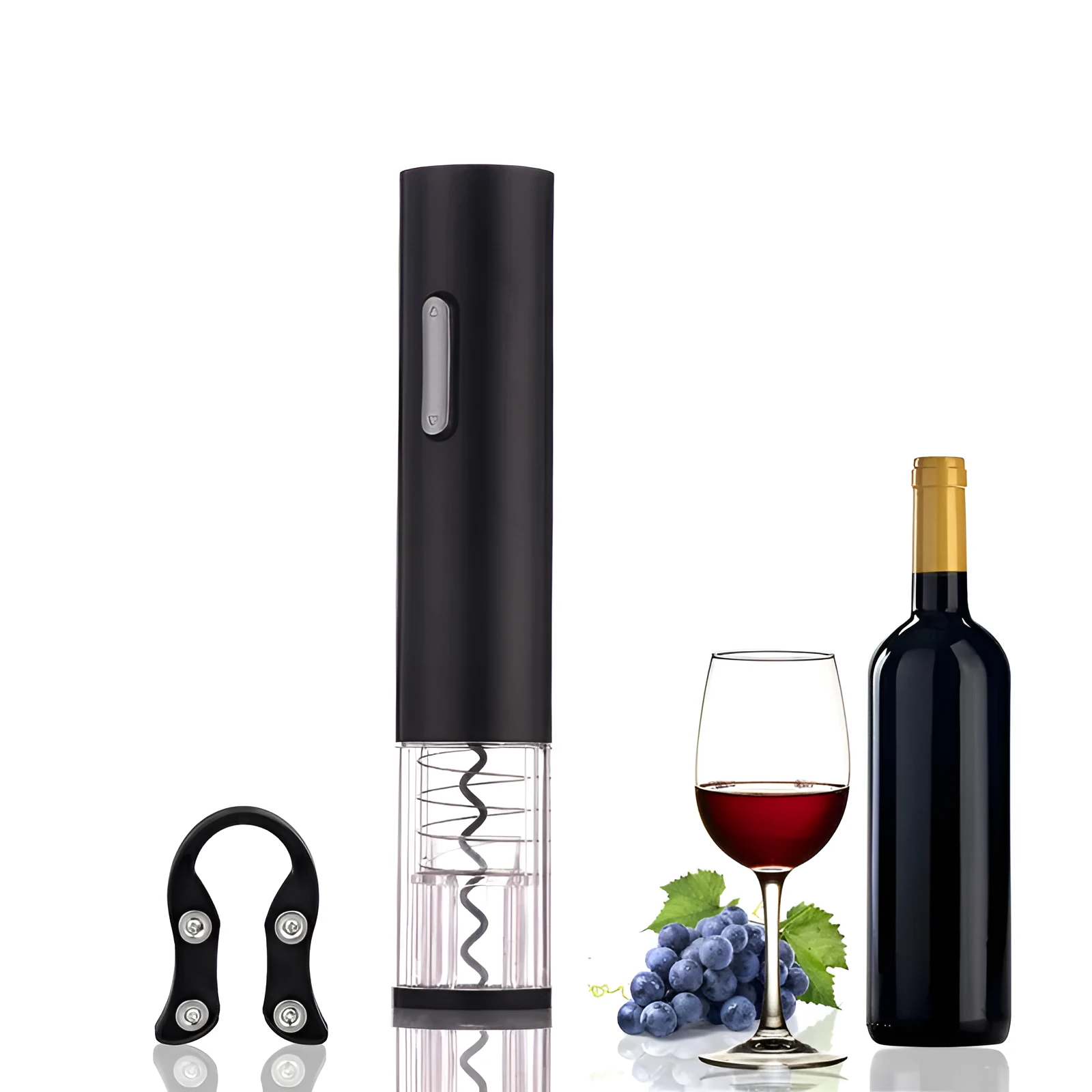 Black automatic electric wine bottle opener with foil cutter on a kitchen counter.