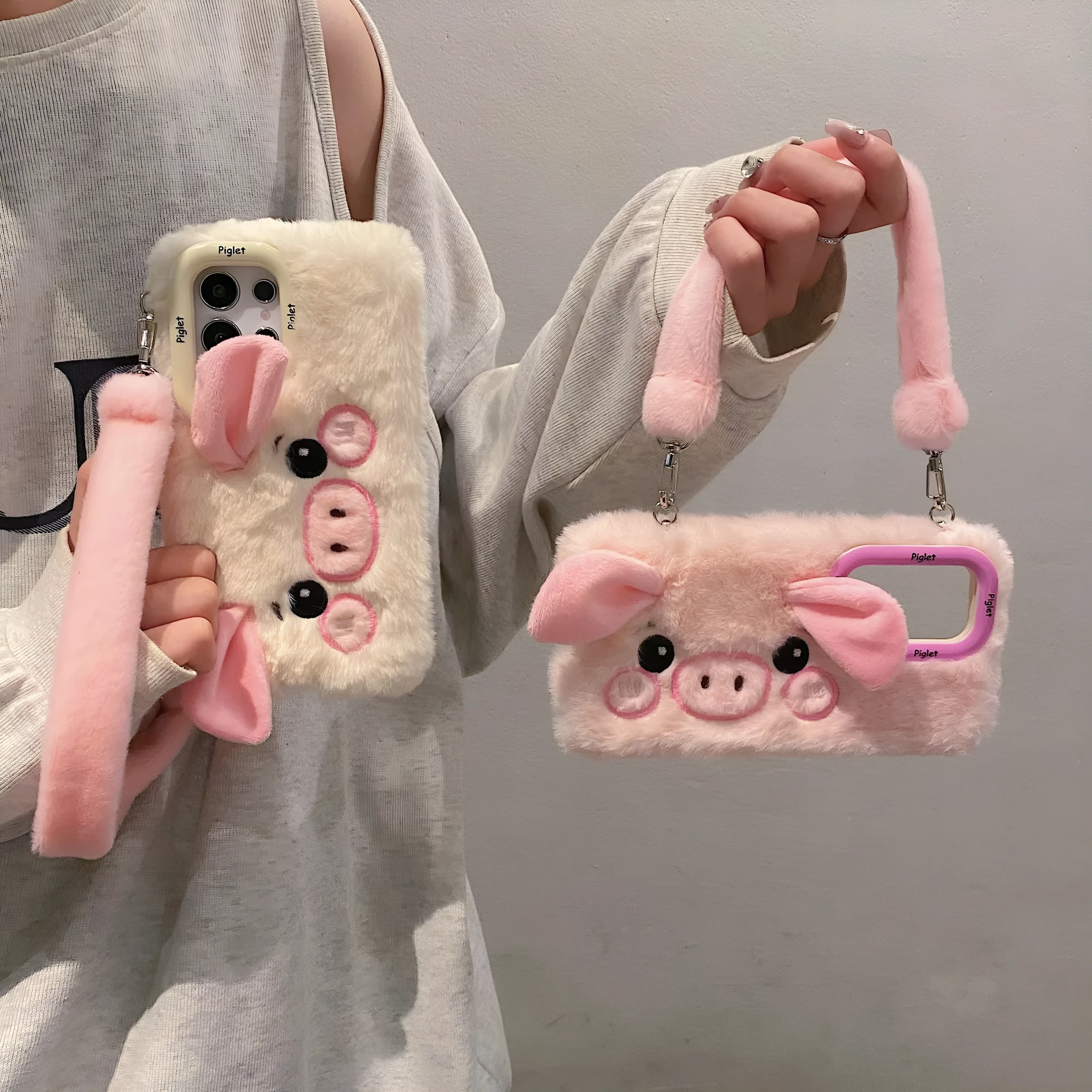 Pink plush furry piggy phone case with bracket for Samsung S25, soft fleece cloth Japanese Korean style