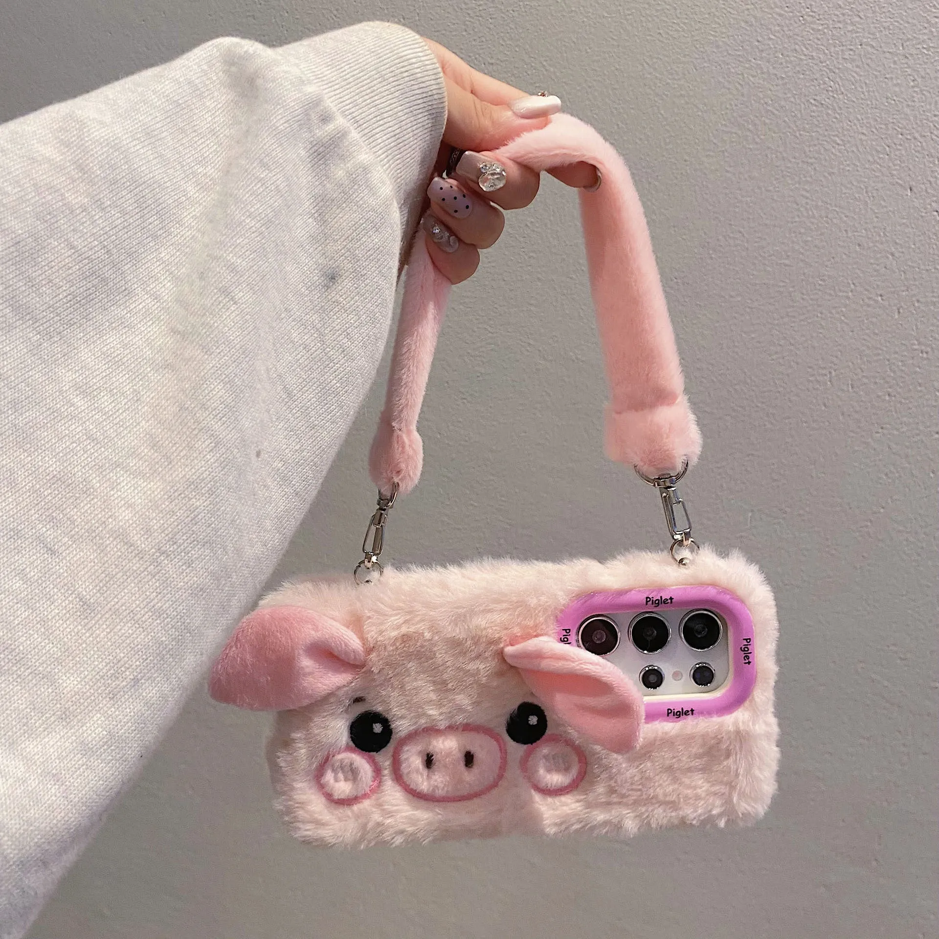 Pink plush furry piggy phone case with bracket for Samsung S25, soft fleece cloth Japanese Korean style