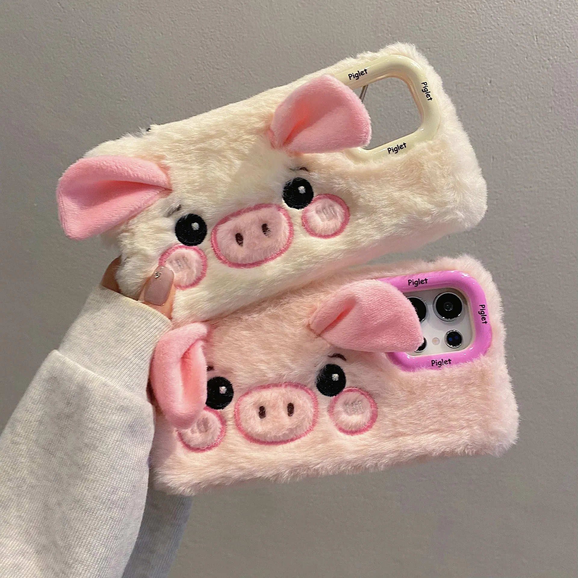 Pink plush furry piggy phone case with bracket for Samsung S25, soft fleece cloth Japanese Korean style