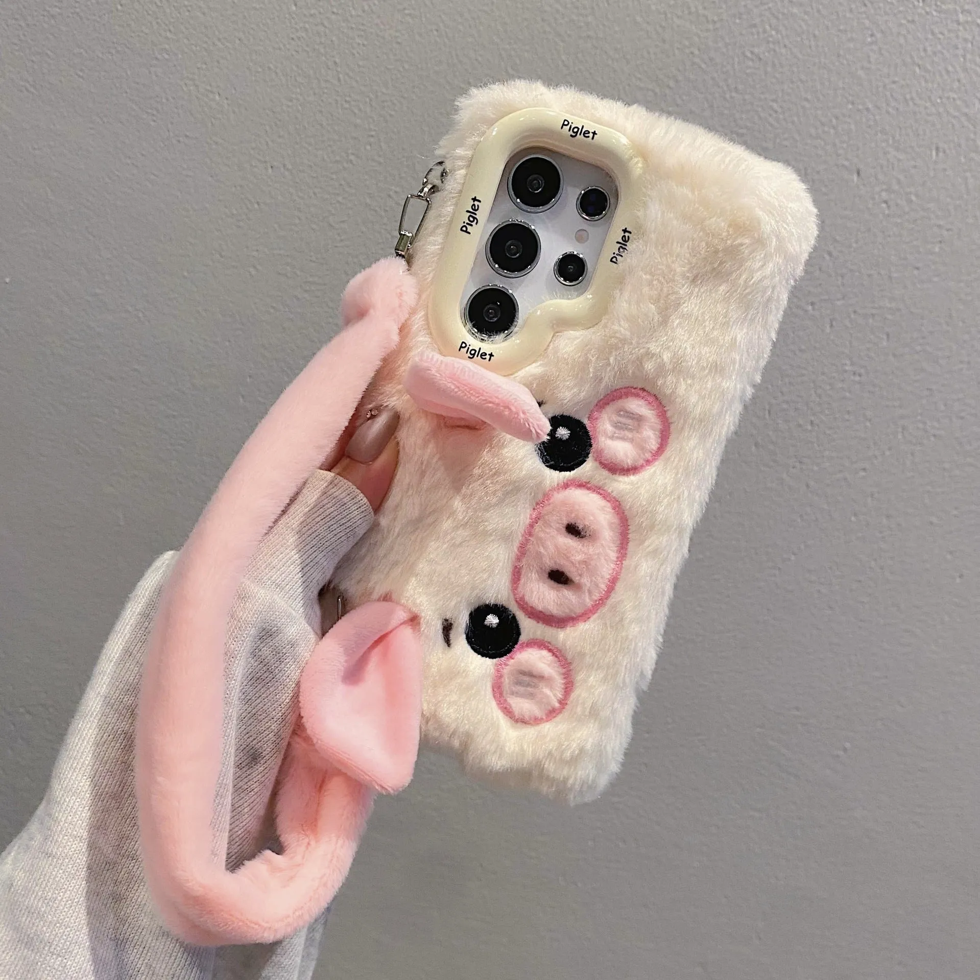 Pink plush furry piggy phone case with bracket for Samsung S25, soft fleece cloth Japanese Korean style