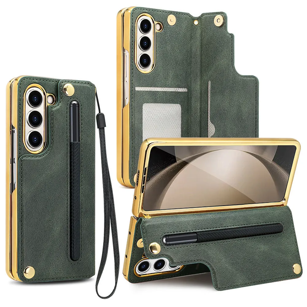 Samsung Z Fold 5 phone case with bracket pen slot card slots black PU electroplated finish