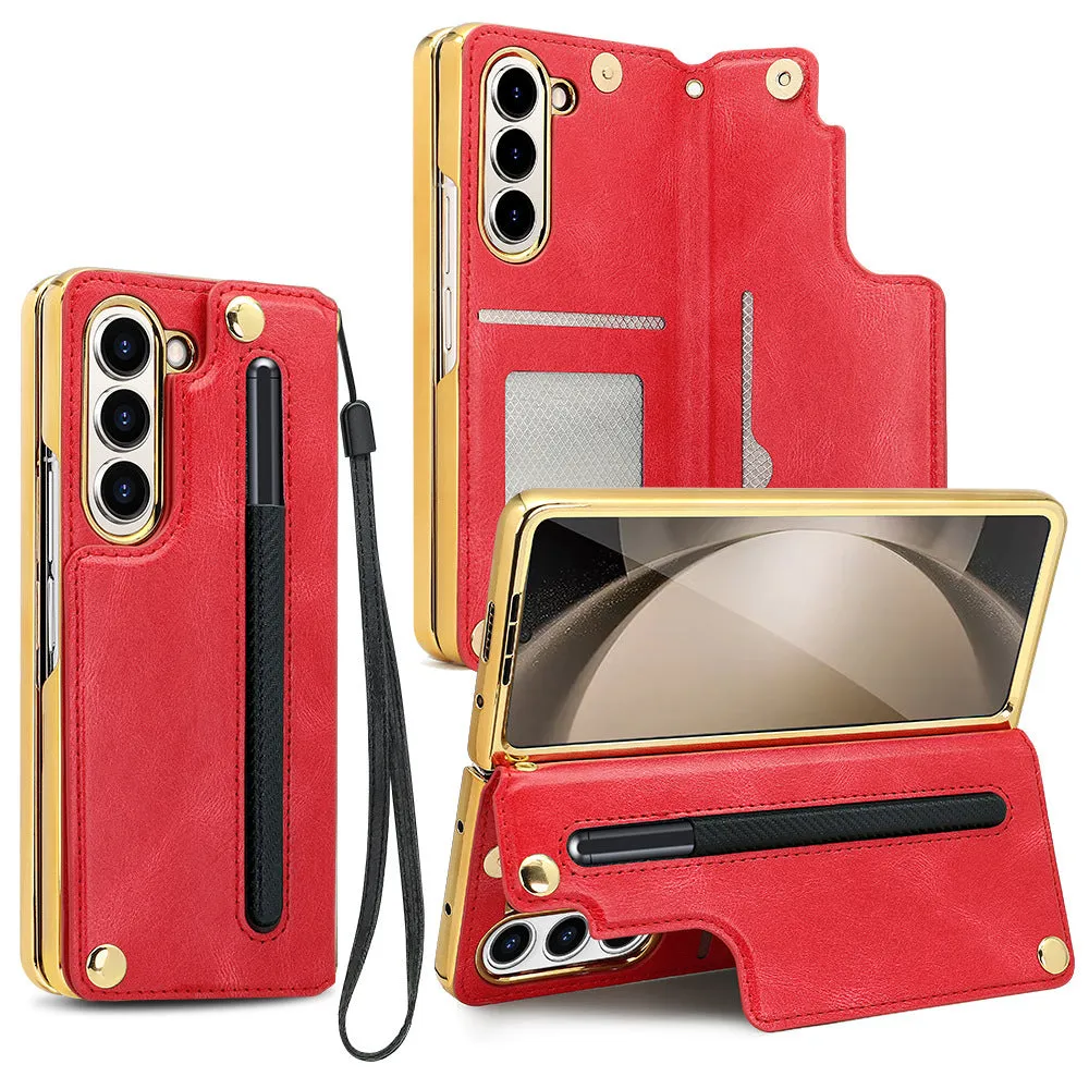 Samsung Z Fold 5 phone case with bracket pen slot card slots black PU electroplated finish