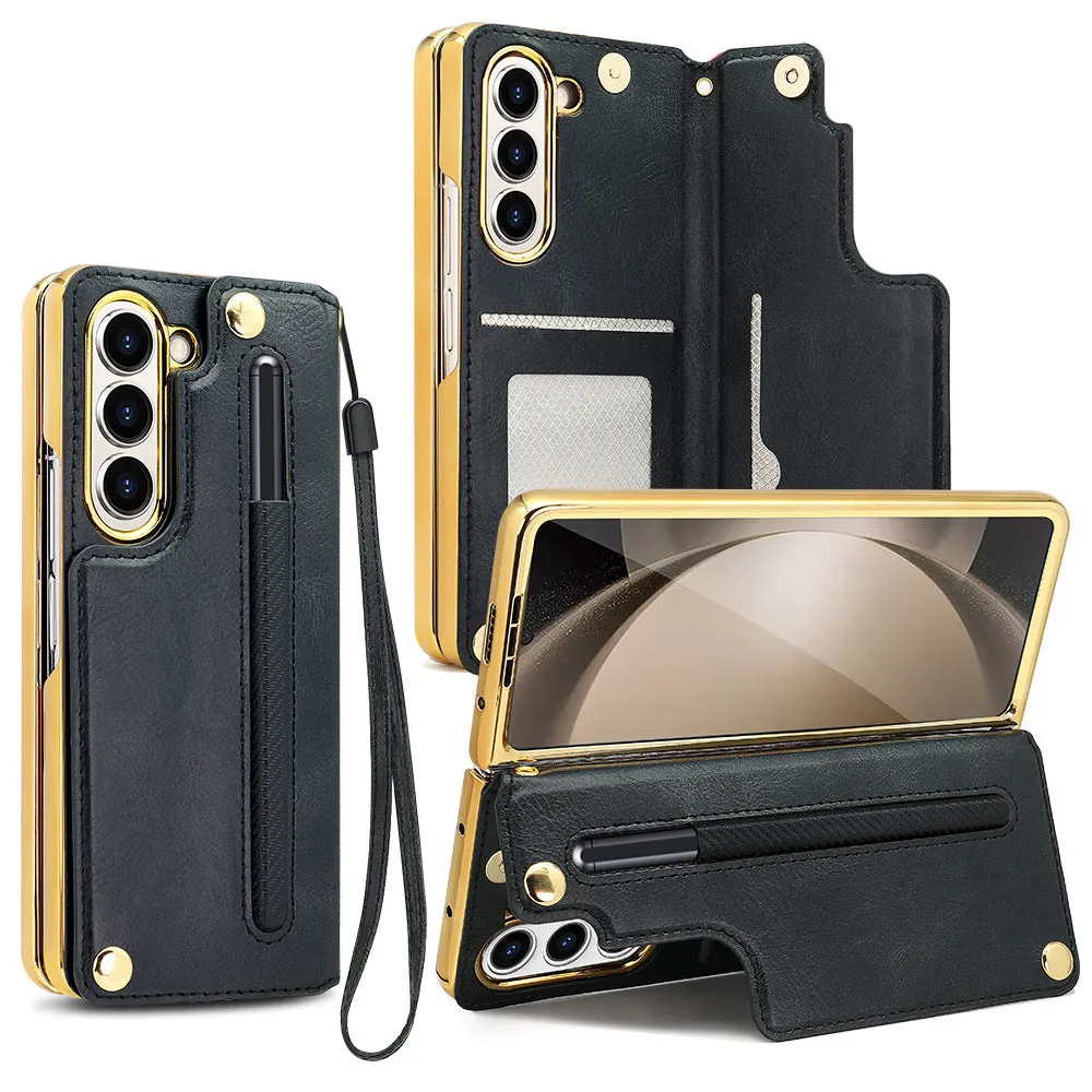 Samsung Z Fold 5 phone case with bracket pen slot card slots black PU electroplated finish