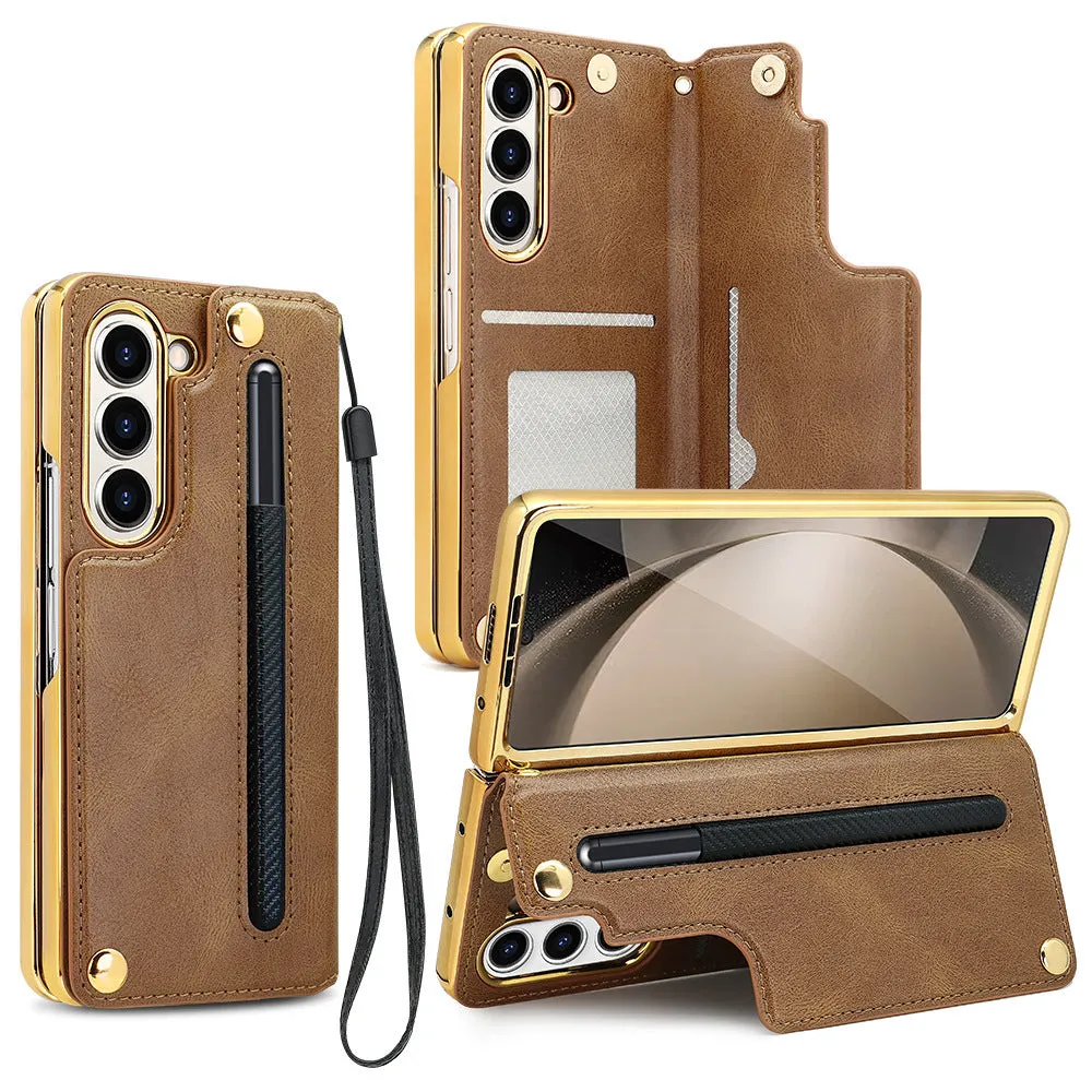 Samsung Z Fold 5 phone case with bracket pen slot card slots black PU electroplated finish