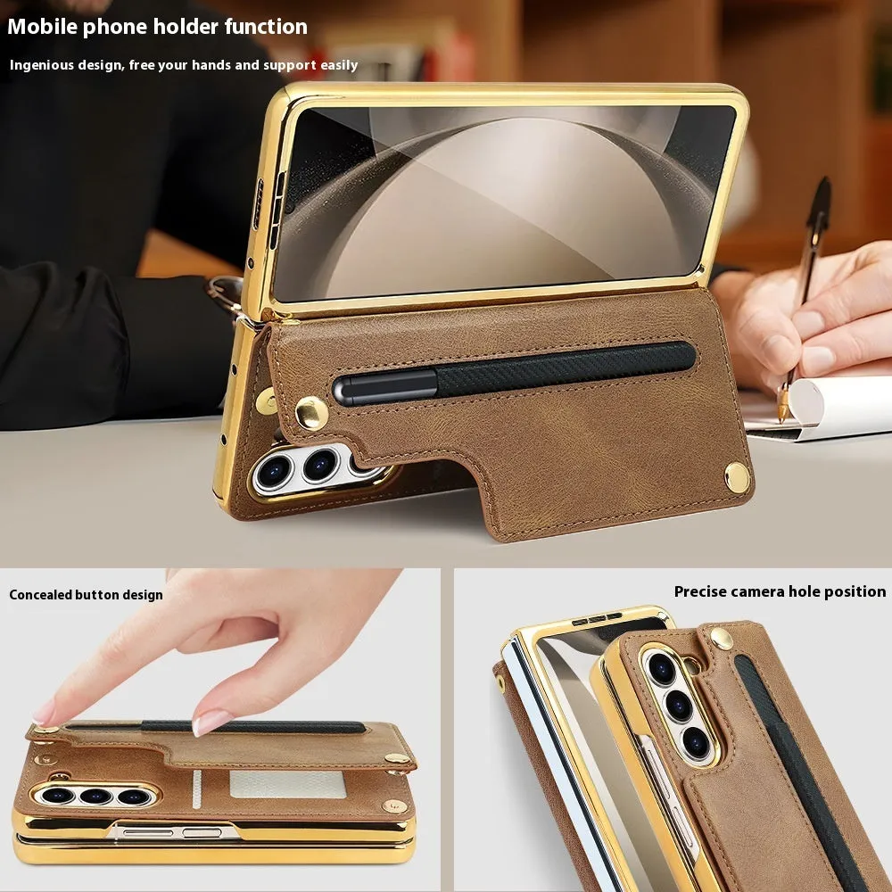 Samsung Z Fold 5 phone case with bracket pen slot card slots black PU electroplated finish