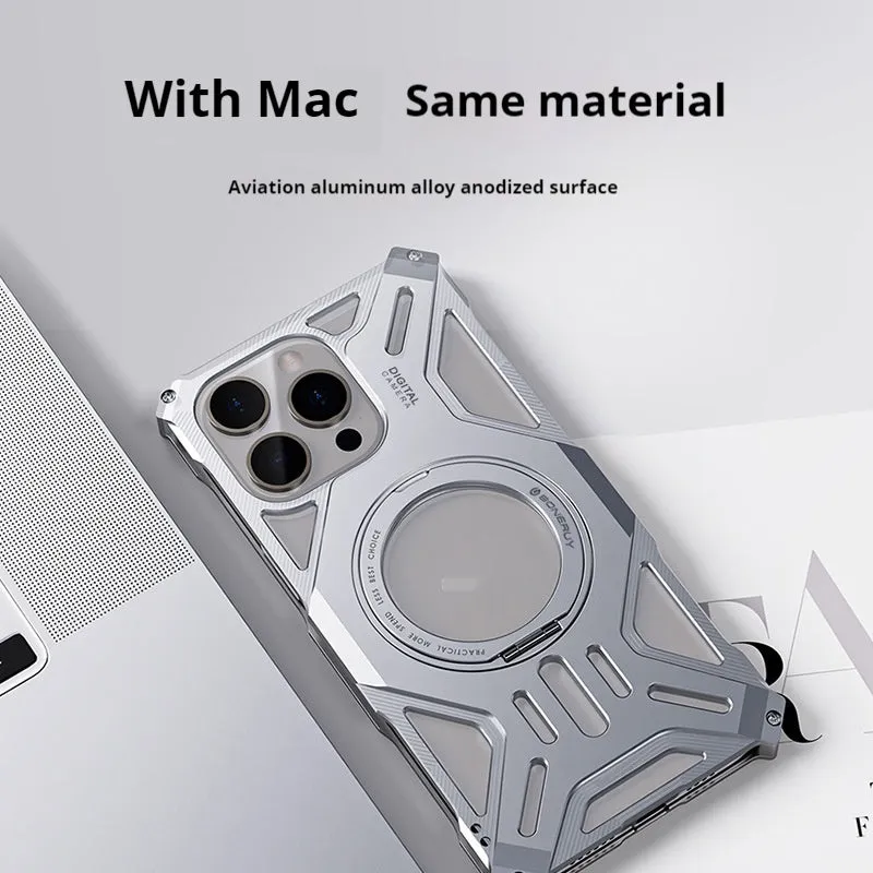 M10 aluminum alloy phone case with 360° rotating bracket in deep space gray for iPhone 16 Pro Max