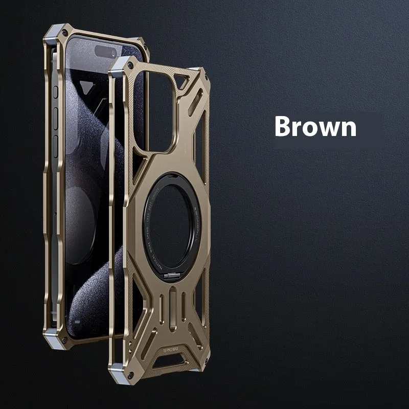 M10 aluminum alloy phone case with 360° rotating bracket in deep space gray for iPhone 16 Pro Max