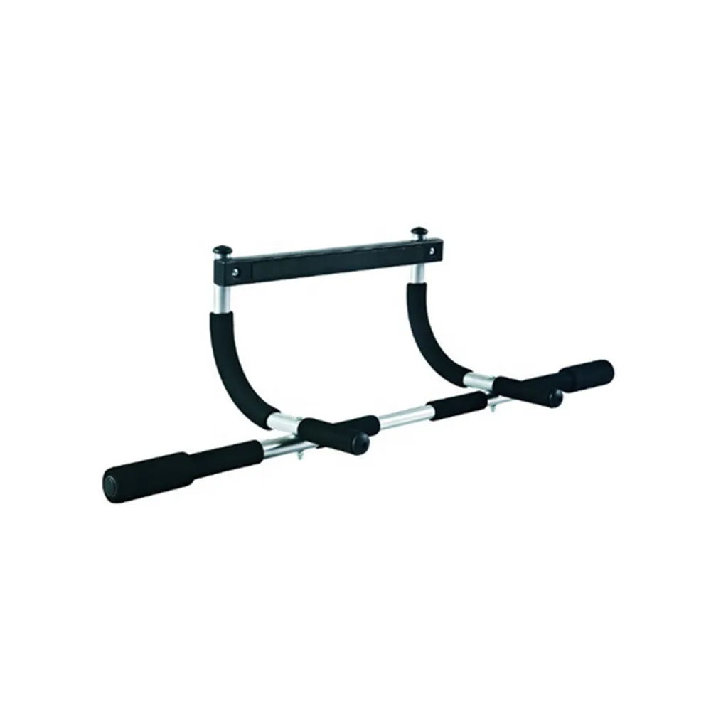 Black steel pipe wall-mounted pull-up bar with an included tension bar for home fitness.