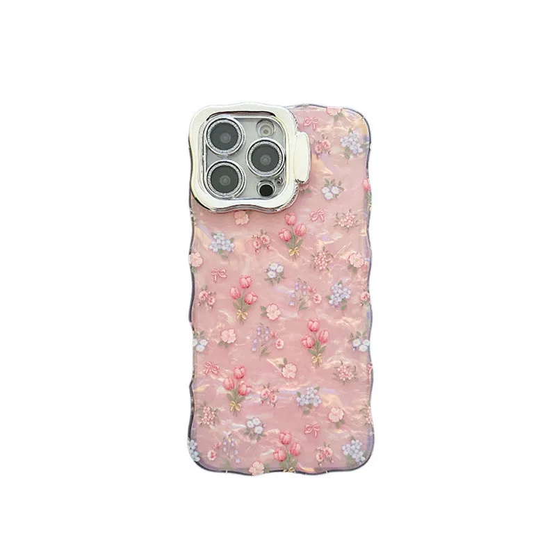 Acrylic shell pattern floral lens bracket protective case for Apple iPhone in wave pink