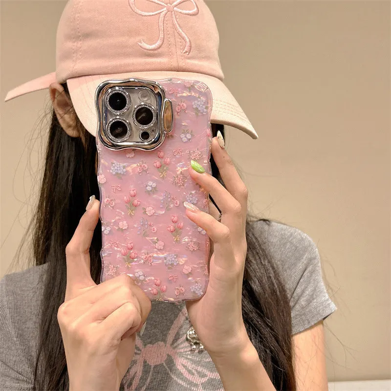 Acrylic shell pattern floral lens bracket protective case for Apple iPhone in wave pink