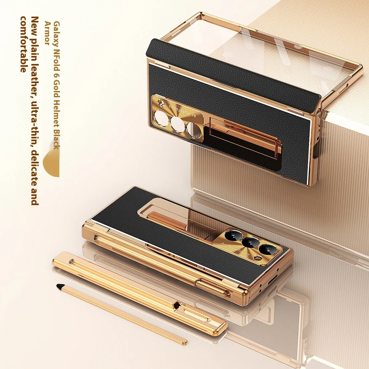 All-inclusive electroplating imitation leather hard phone case with pen slot and bracket for Samsung Z Fold