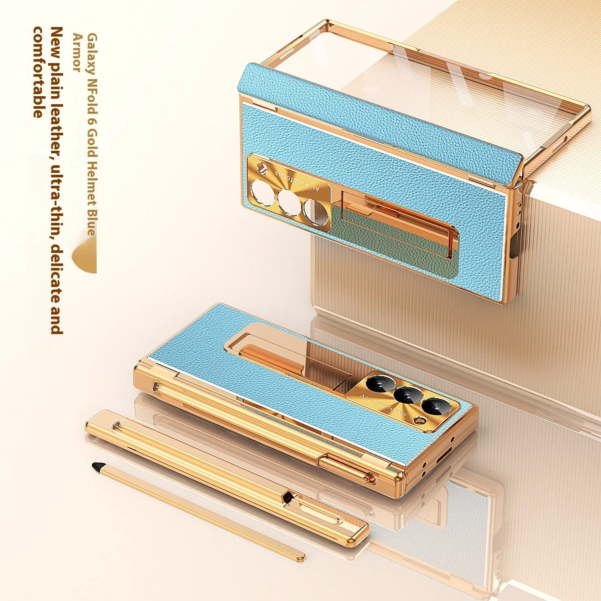 All-inclusive electroplating imitation leather hard phone case with pen slot and bracket for Samsung Z Fold