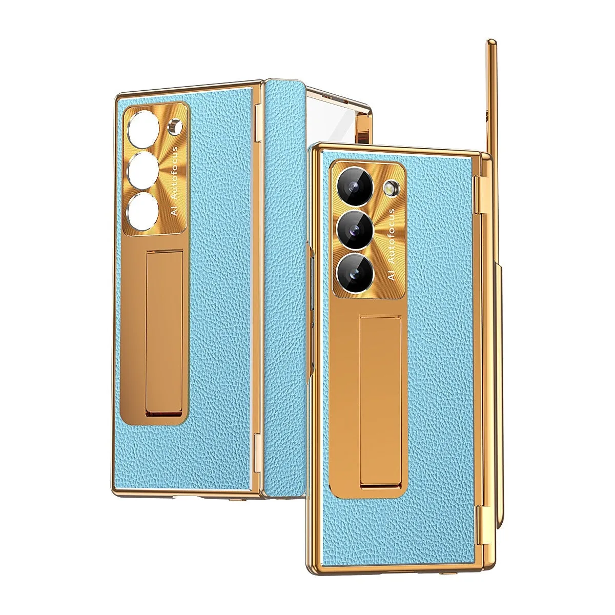 All-inclusive electroplating imitation leather hard phone case with pen slot and bracket for Samsung Z Fold
