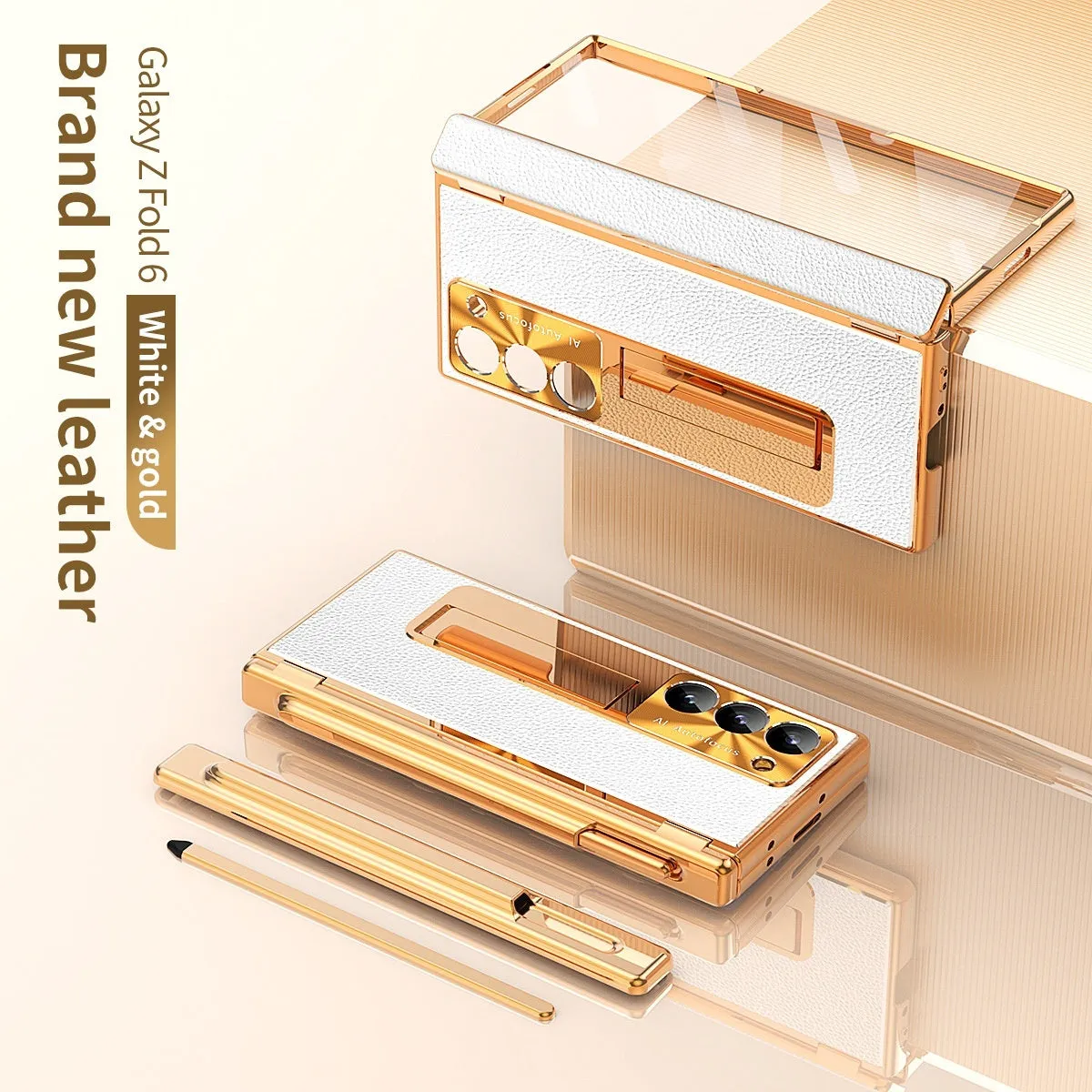 All-inclusive electroplating imitation leather hard phone case with pen slot and bracket for Samsung Z Fold