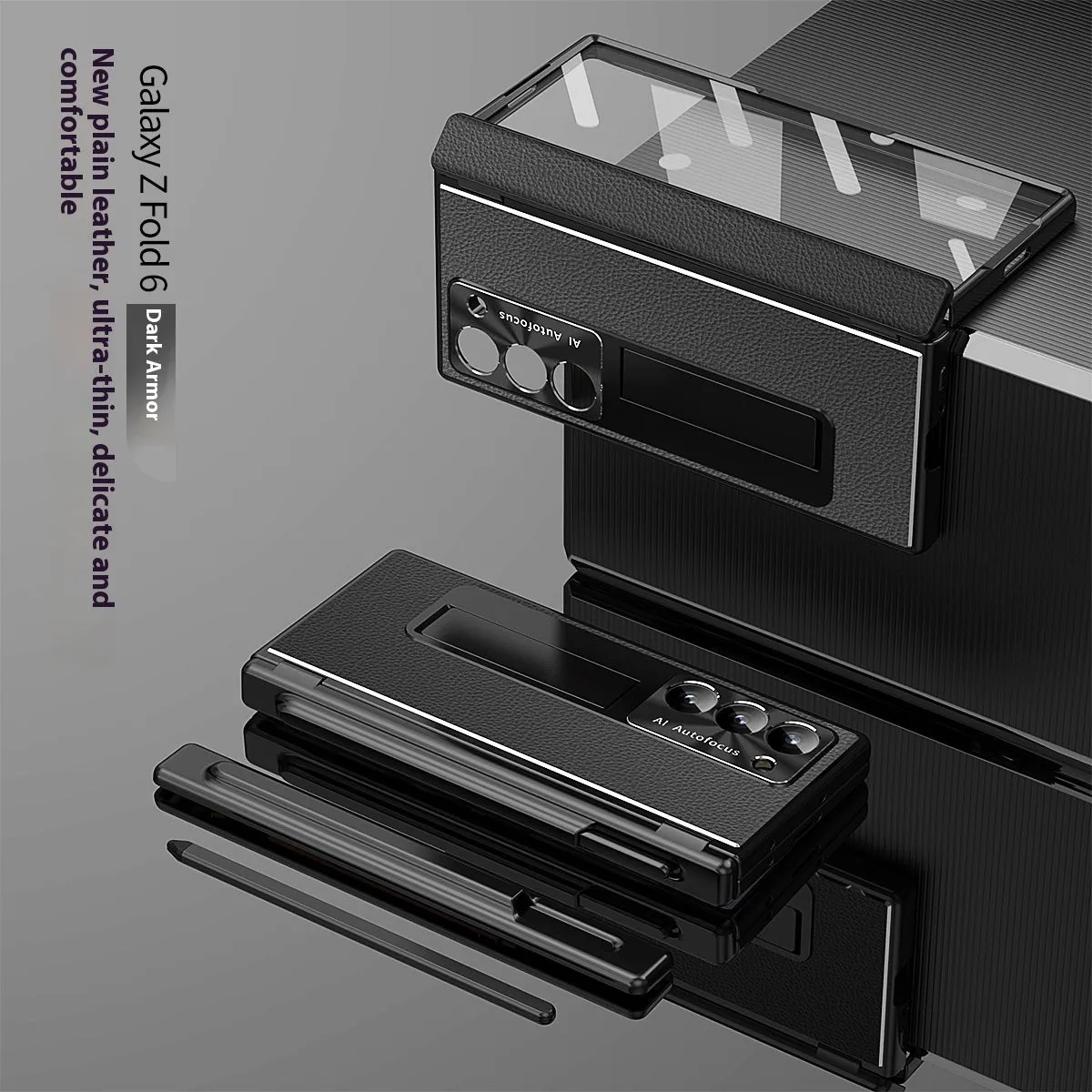 All-inclusive electroplating imitation leather hard phone case with pen slot and bracket for Samsung Z Fold
