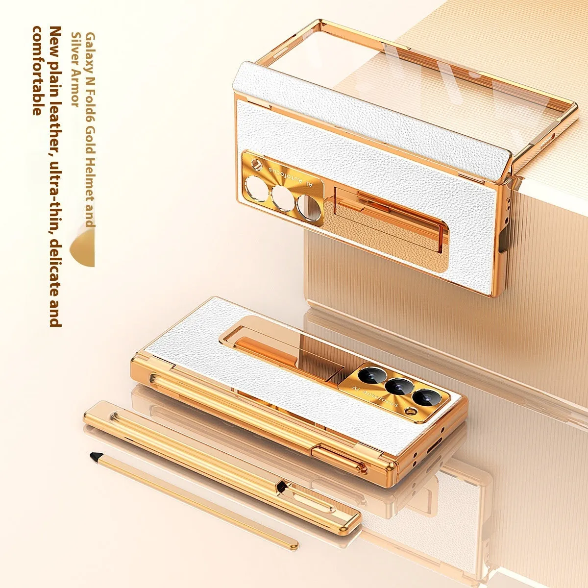 All-inclusive electroplating imitation leather hard phone case with pen slot and bracket for Samsung Z Fold