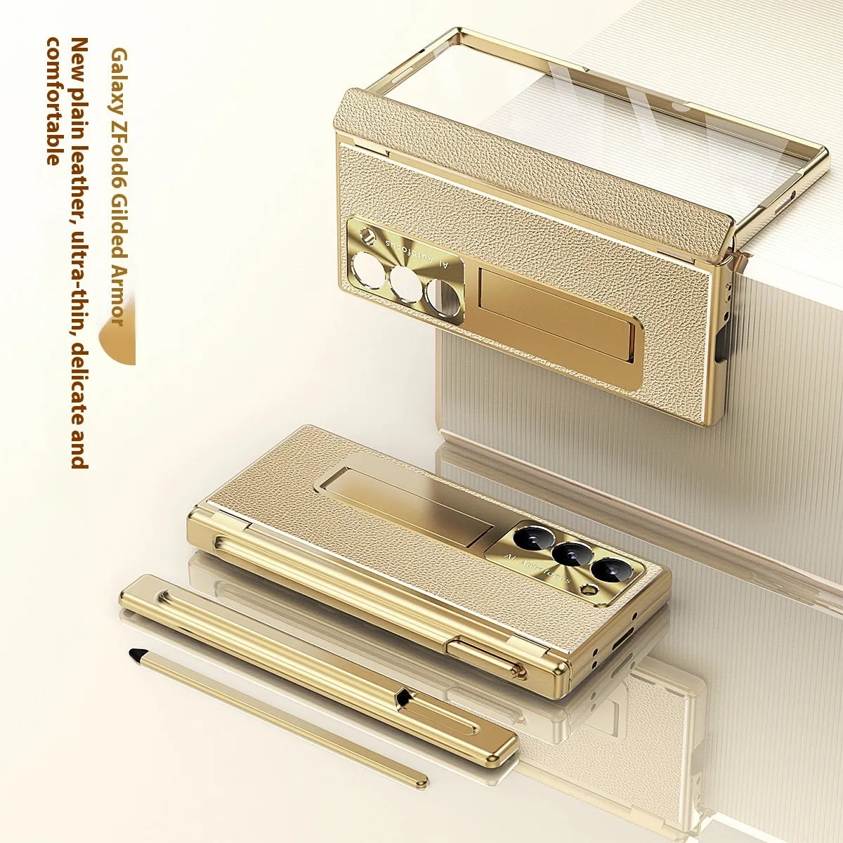 All-inclusive electroplating imitation leather hard phone case with pen slot and bracket for Samsung Z Fold