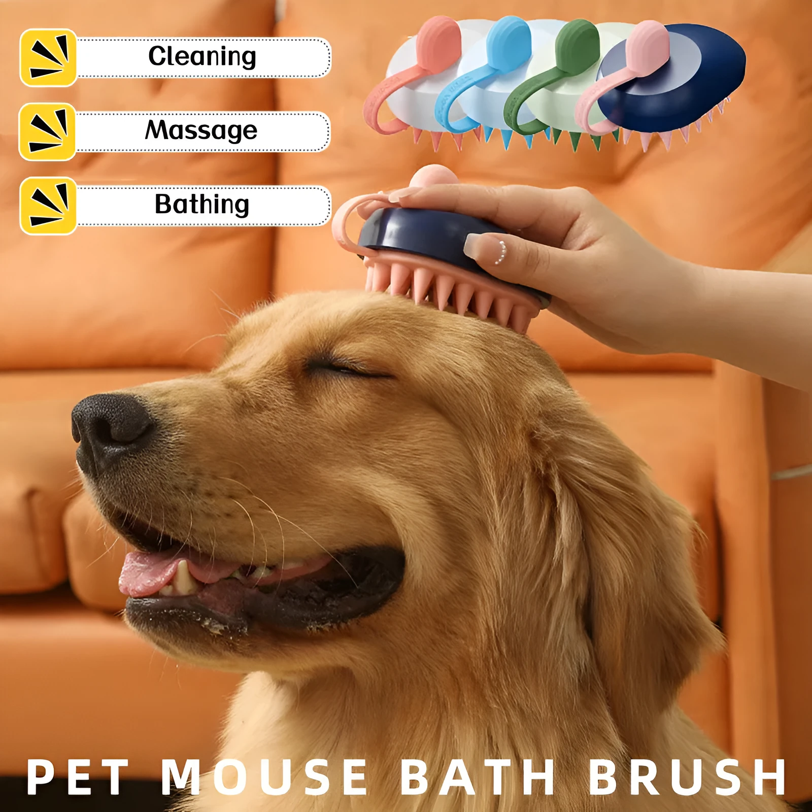 Silicone pet grooming brush with massage head for hair removal and bathing