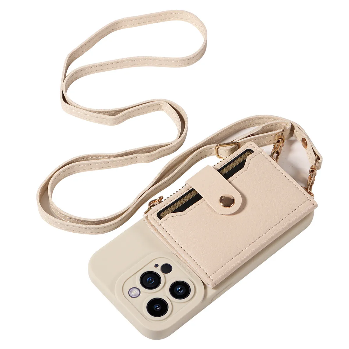 Classic faux leather phone case with fall protection strap for Apple iPhone, available in black and ivory white