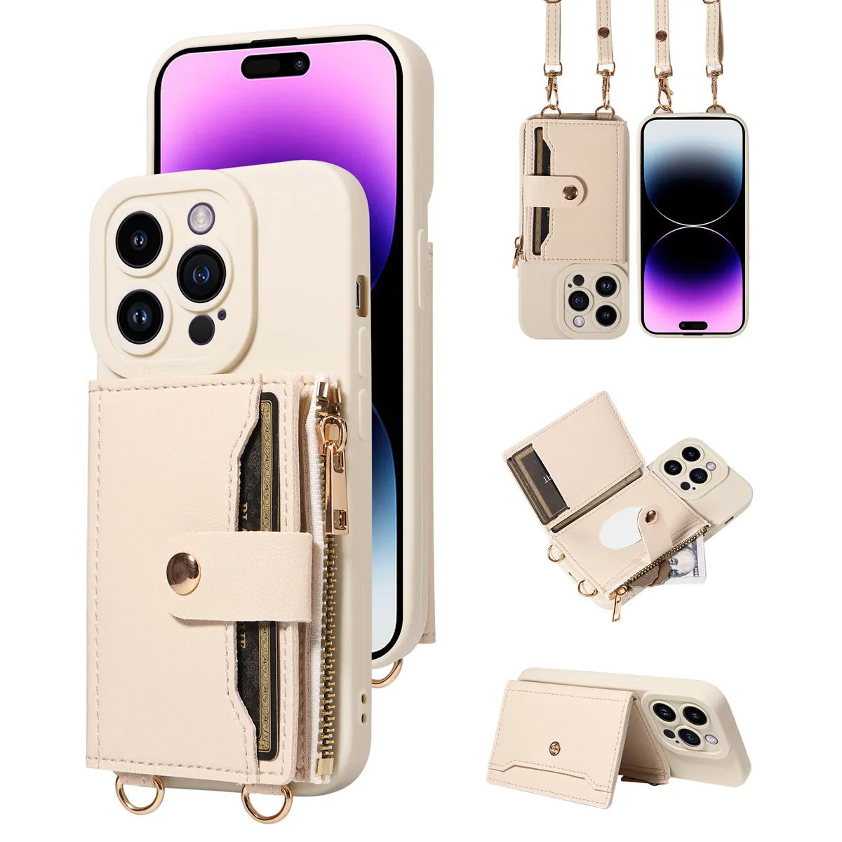 Classic faux leather phone case with fall protection strap for Apple iPhone, available in black and ivory white