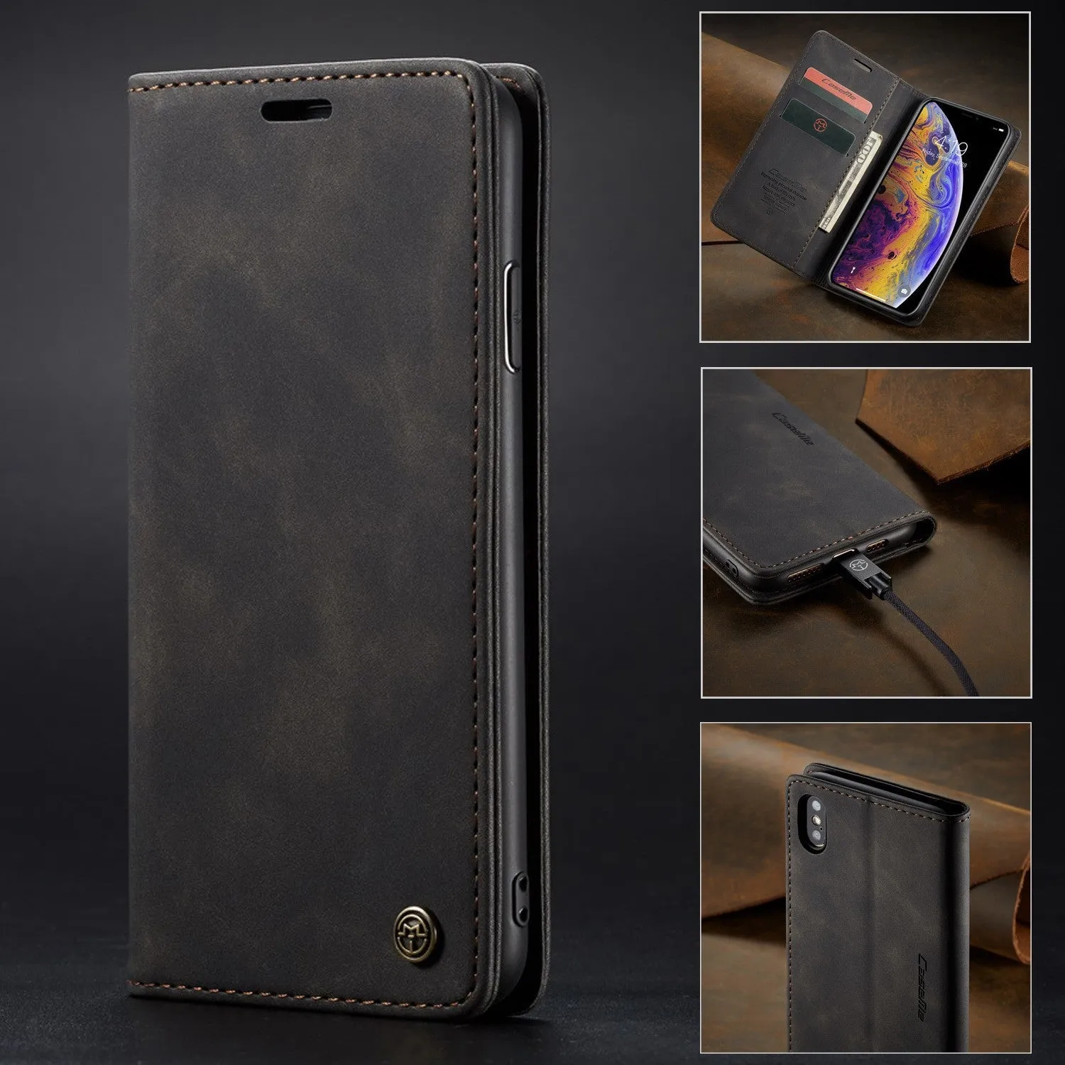 Black imitation leather magnetic flip phone case with card slot and invisible bracket for iPhone 14 Pro Max