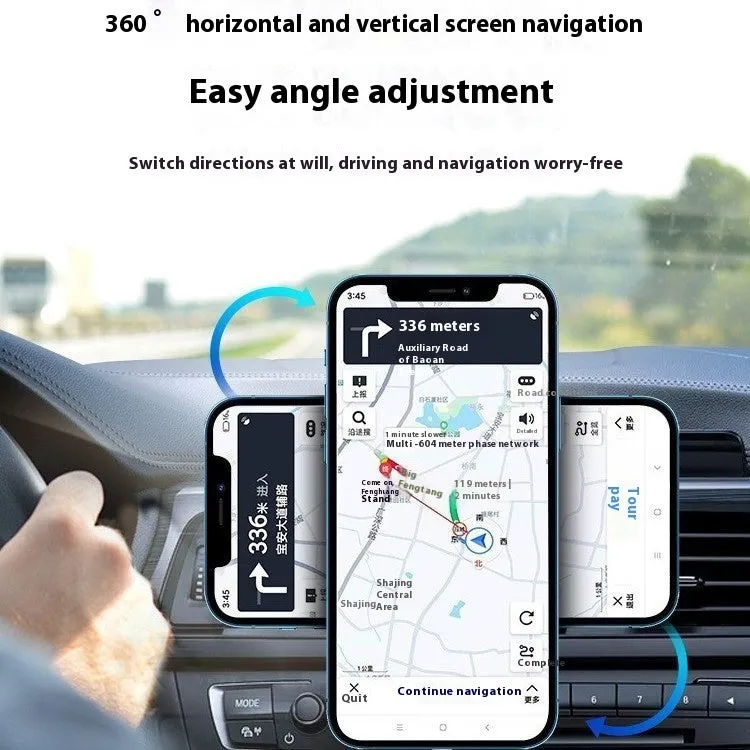 Black X-16 magnetic car wireless charger holder clipped onto car vent with phone attached