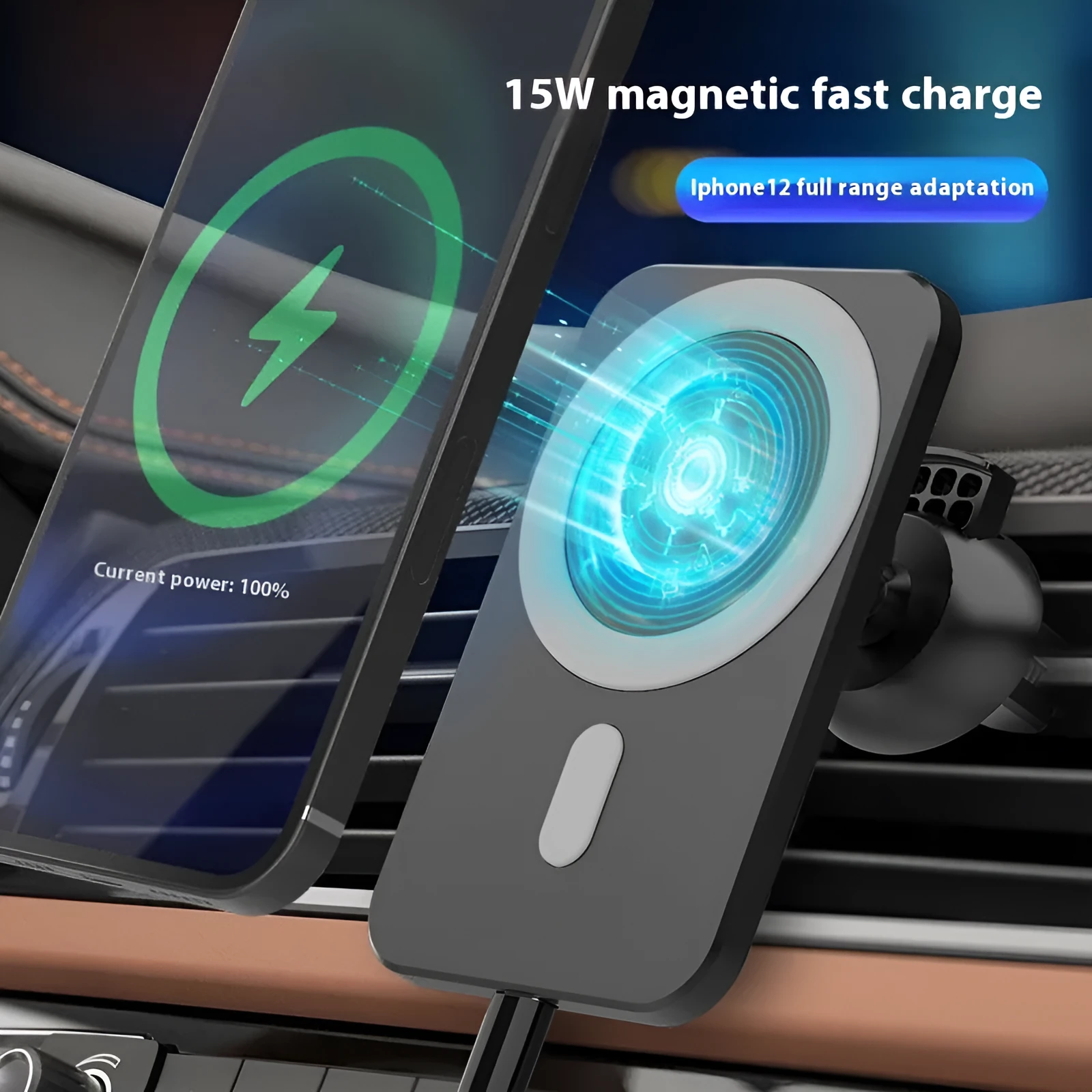 Black X-16 magnetic car wireless charger holder clipped onto car vent with phone attached