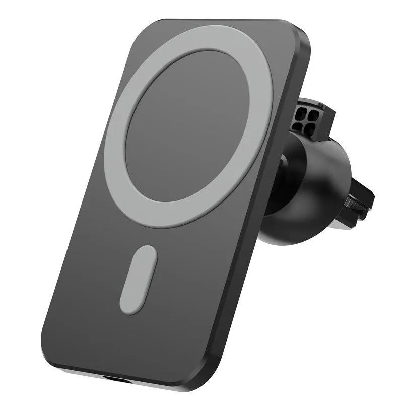 Black X-16 magnetic car wireless charger holder clipped onto car vent with phone attached
