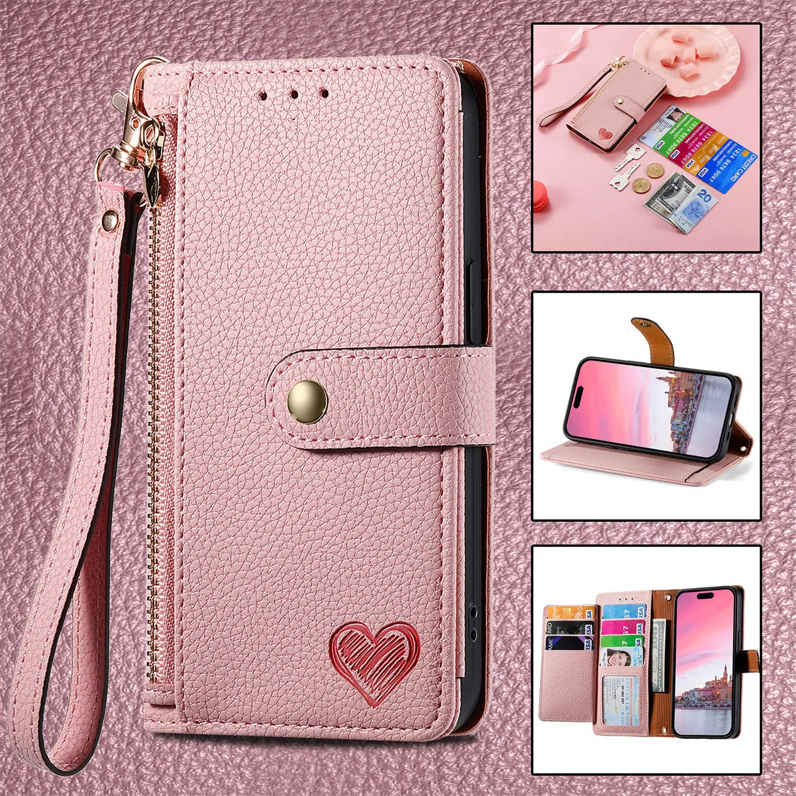 Pink PU leather litchi pattern RFID anti-theft lanyard phone case for iPhone with short lanyard and kickstand