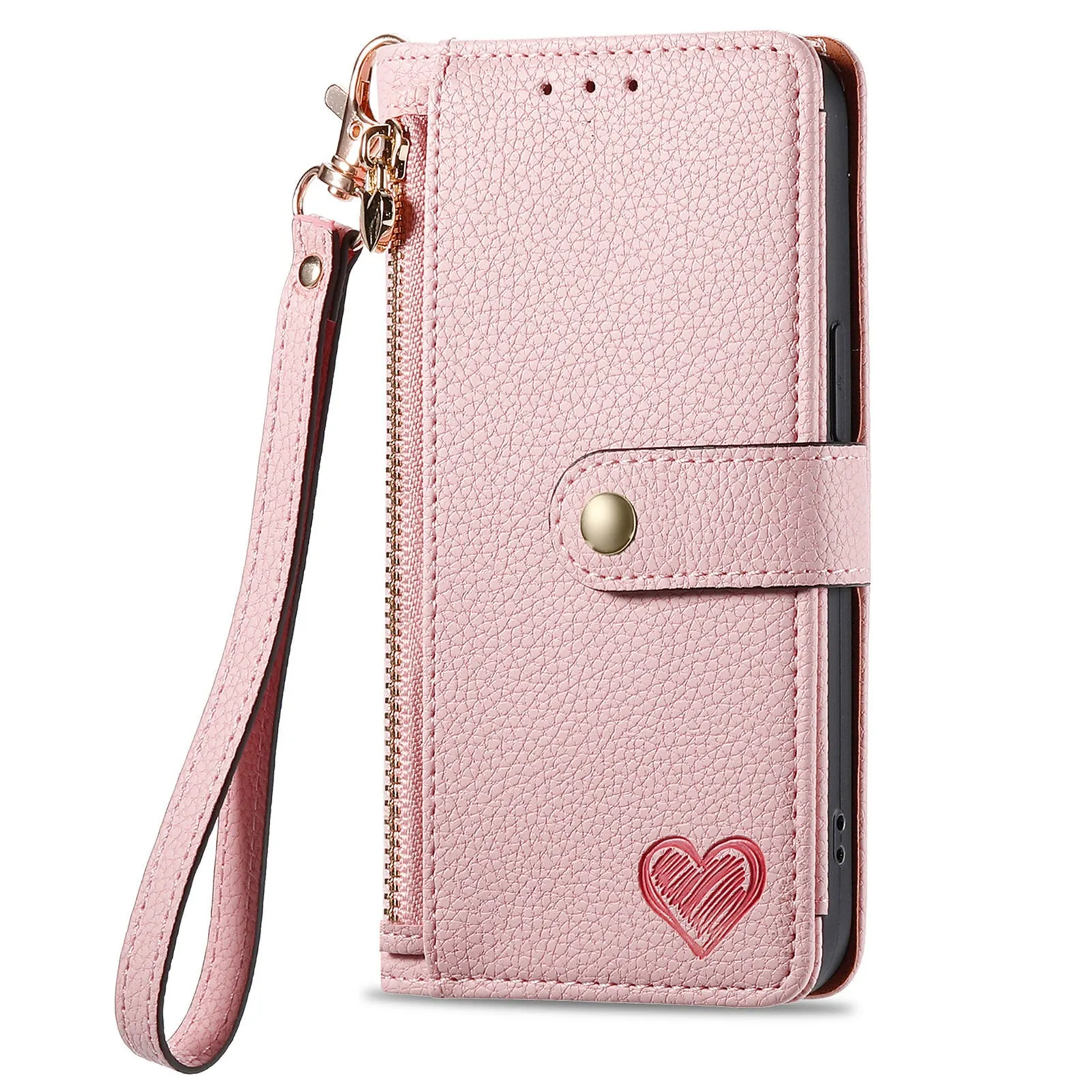 Pink PU leather litchi pattern RFID anti-theft lanyard phone case for iPhone with short lanyard and kickstand