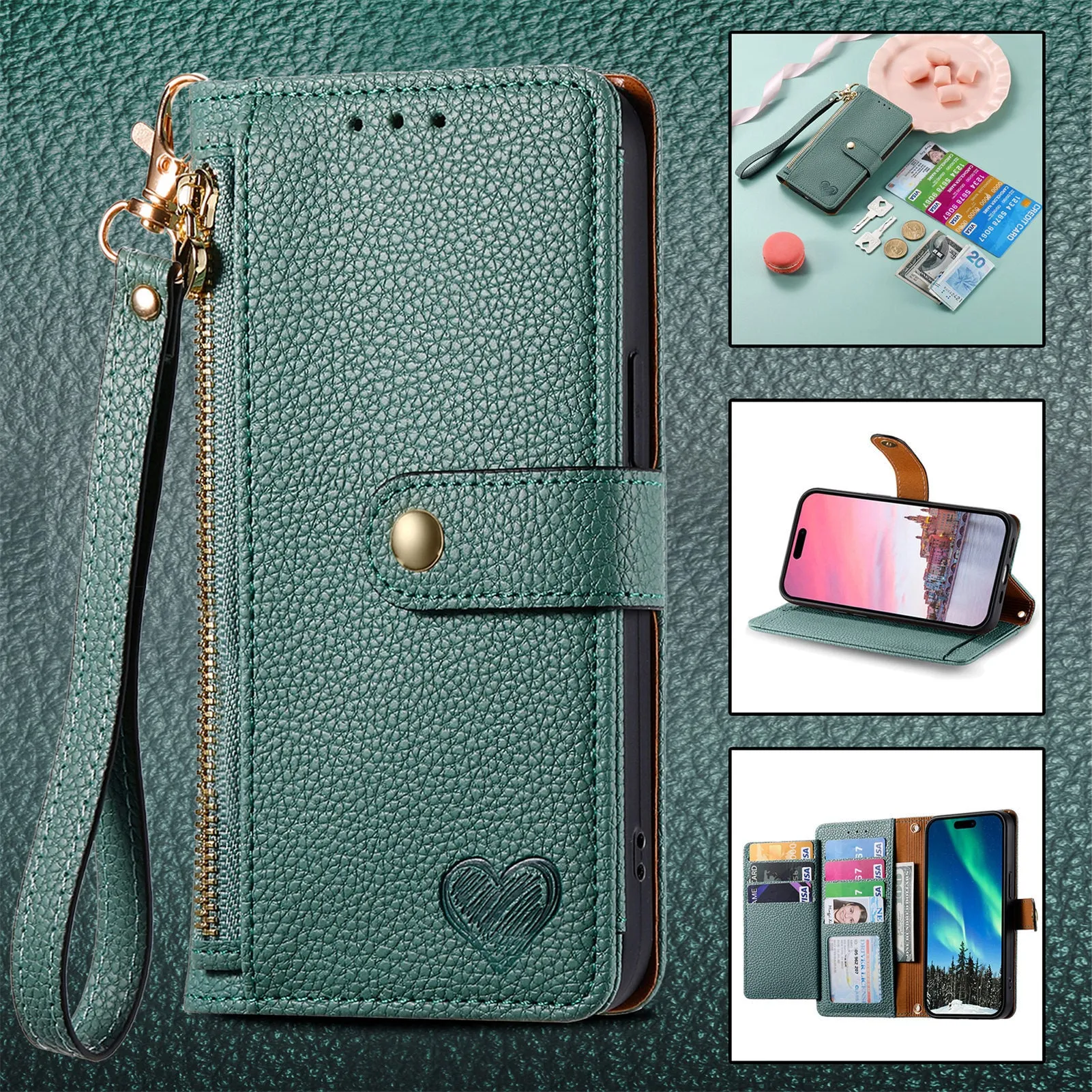 Pink PU leather litchi pattern RFID anti-theft lanyard phone case for iPhone with short lanyard and kickstand