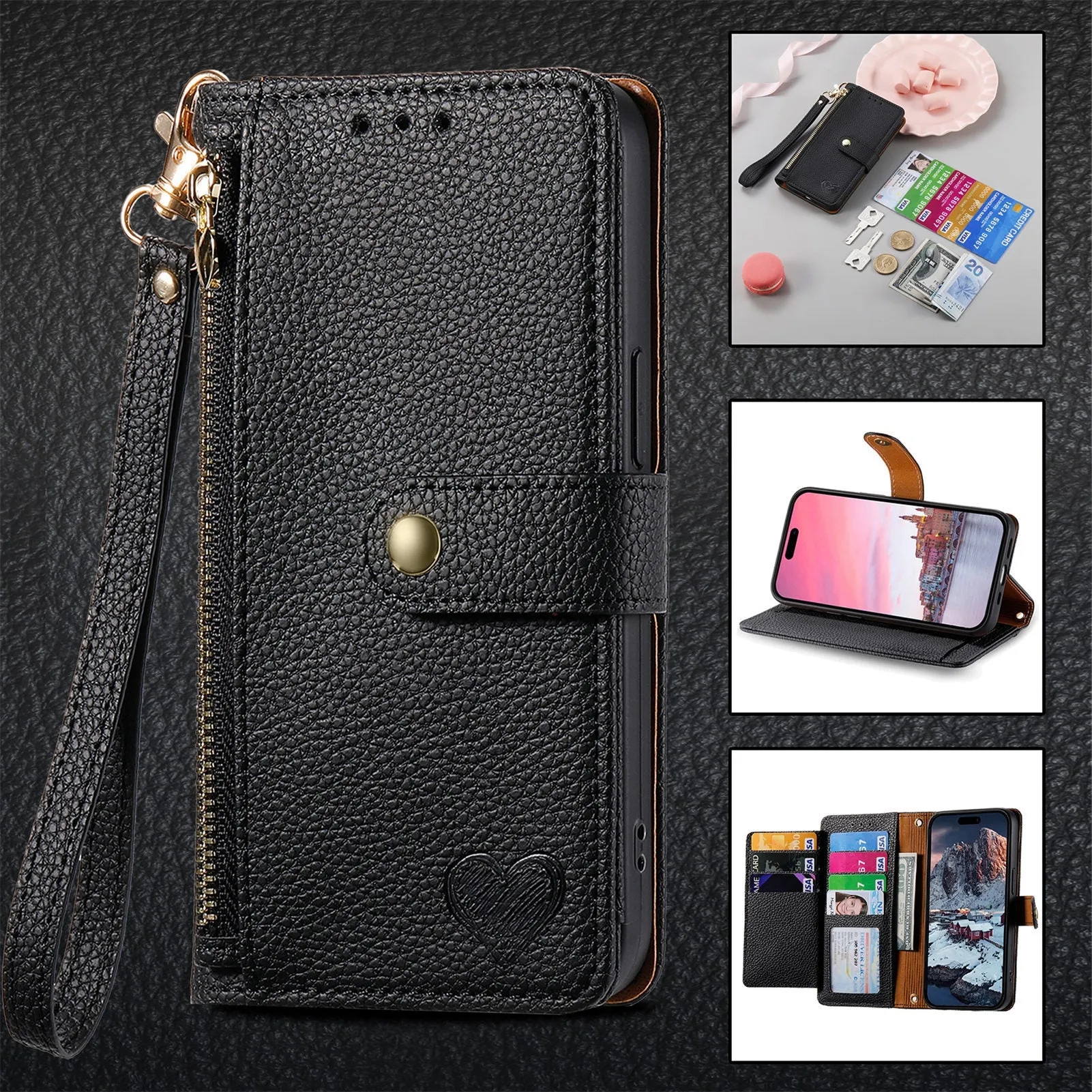 Pink PU leather litchi pattern RFID anti-theft lanyard phone case for iPhone with short lanyard and kickstand