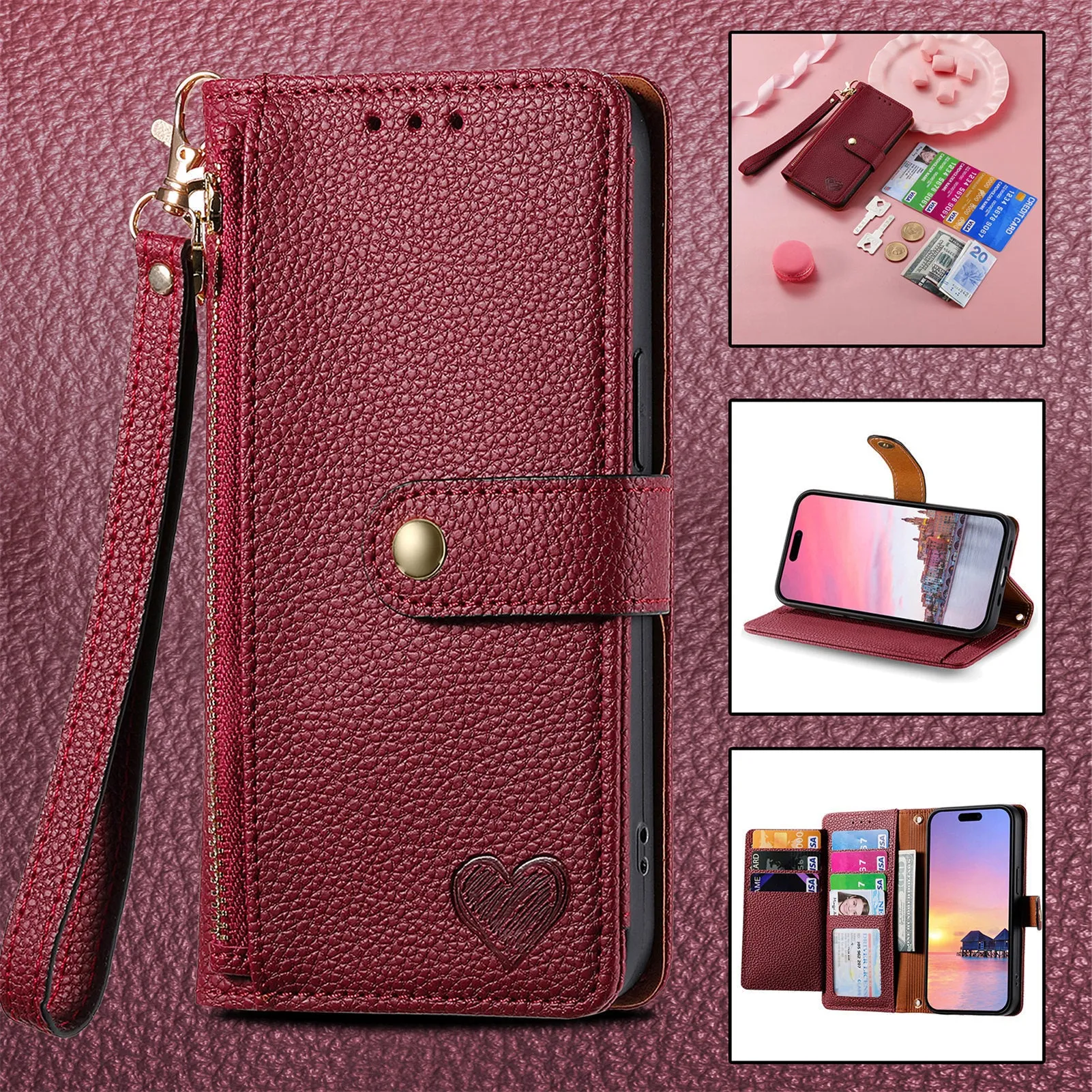 Pink PU leather litchi pattern RFID anti-theft lanyard phone case for iPhone with short lanyard and kickstand