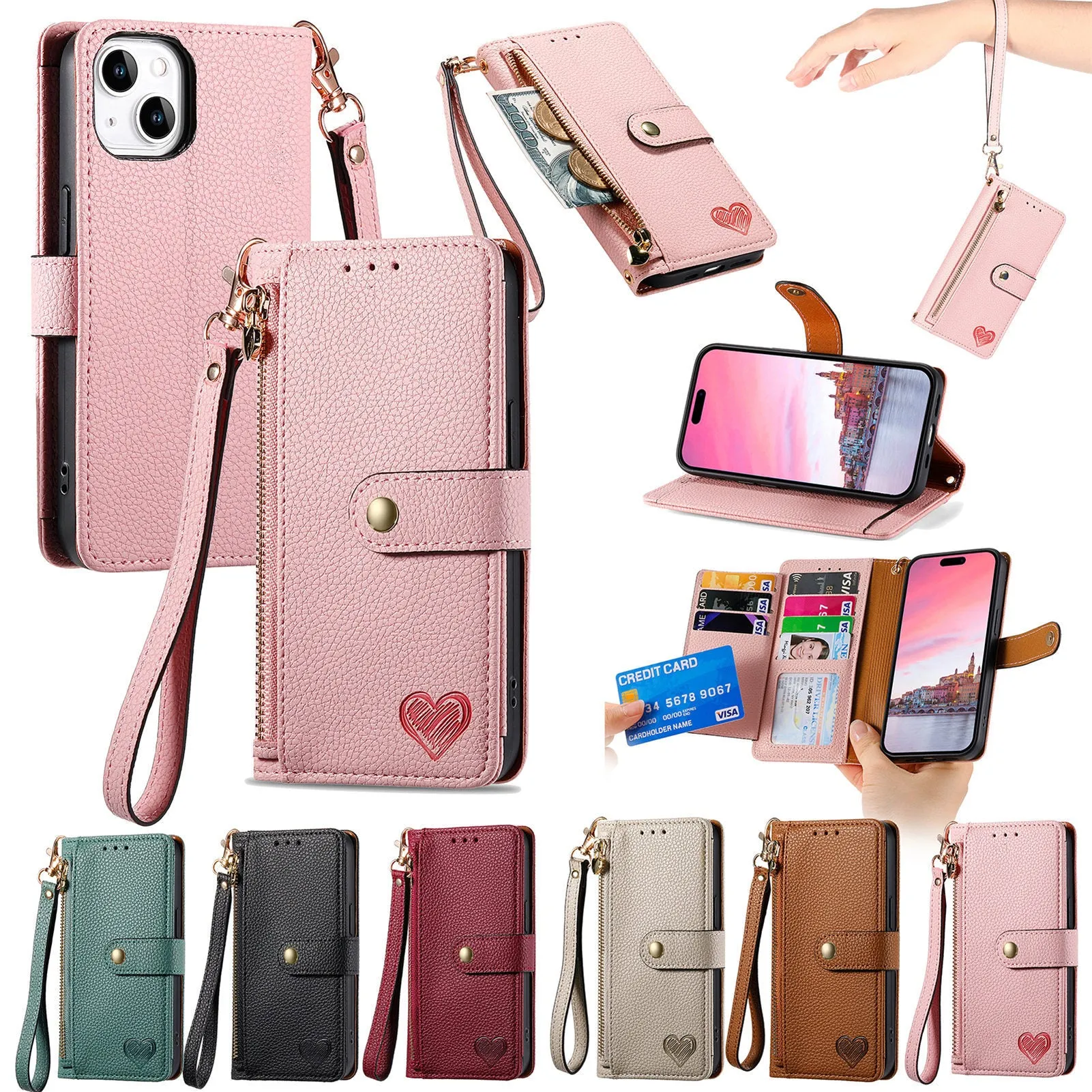 Pink PU leather litchi pattern RFID anti-theft lanyard phone case for iPhone with short lanyard and kickstand