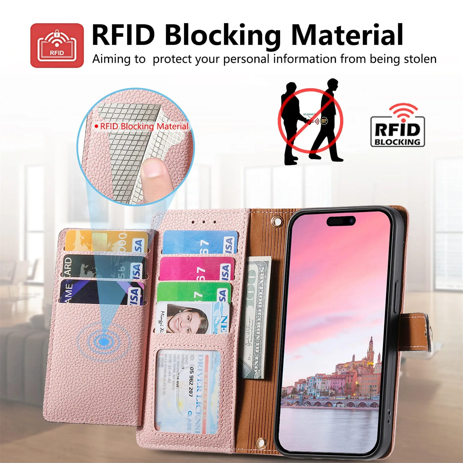 Pink PU leather litchi pattern RFID anti-theft lanyard phone case for iPhone with short lanyard and kickstand