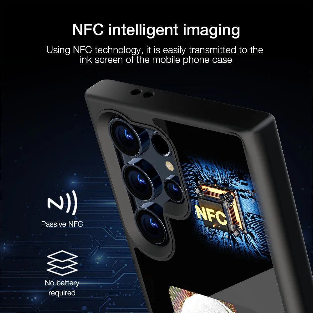 Four-colour NFC e-ink screen phone case for Samsung S24+ with black tempered glass backplate and electroplated finish