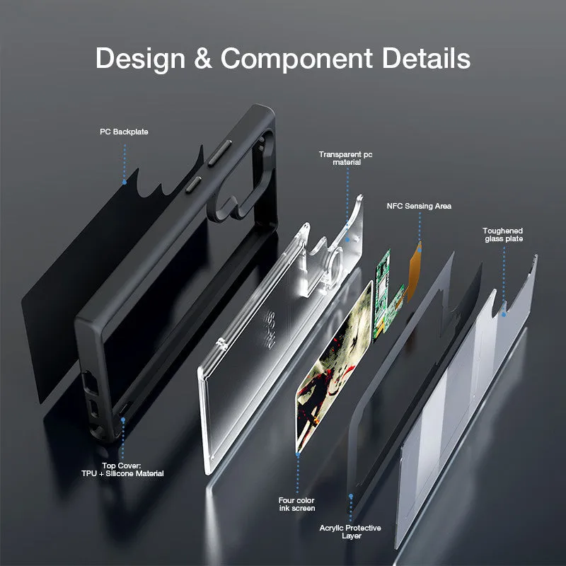 Four-colour NFC e-ink screen phone case for Samsung S24+ with black tempered glass backplate and electroplated finish