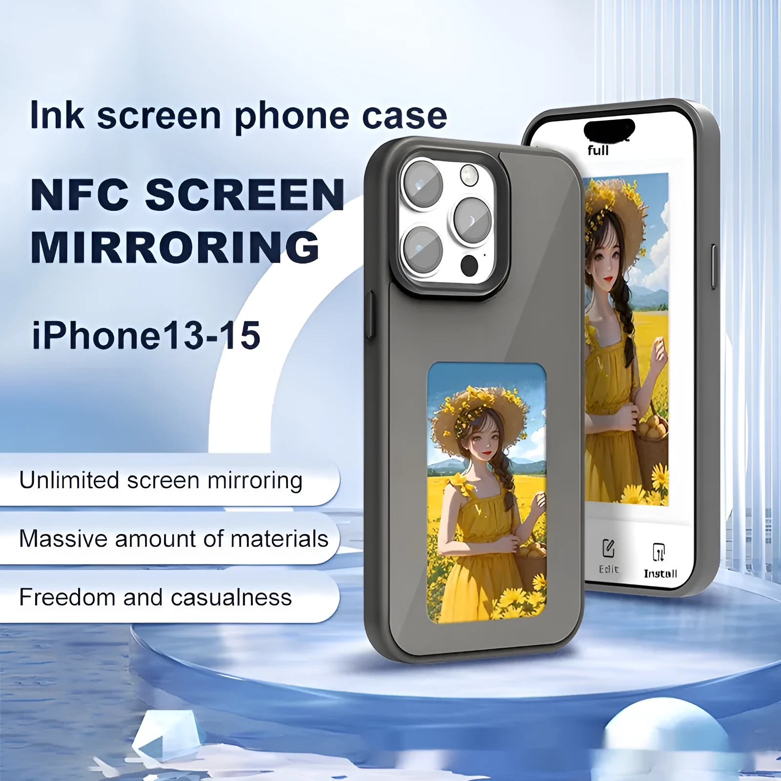 NFC four-colour E-ink screen AI projection phone case for iPhone, soft TPU composite board anti-fall cover in black with tulip design