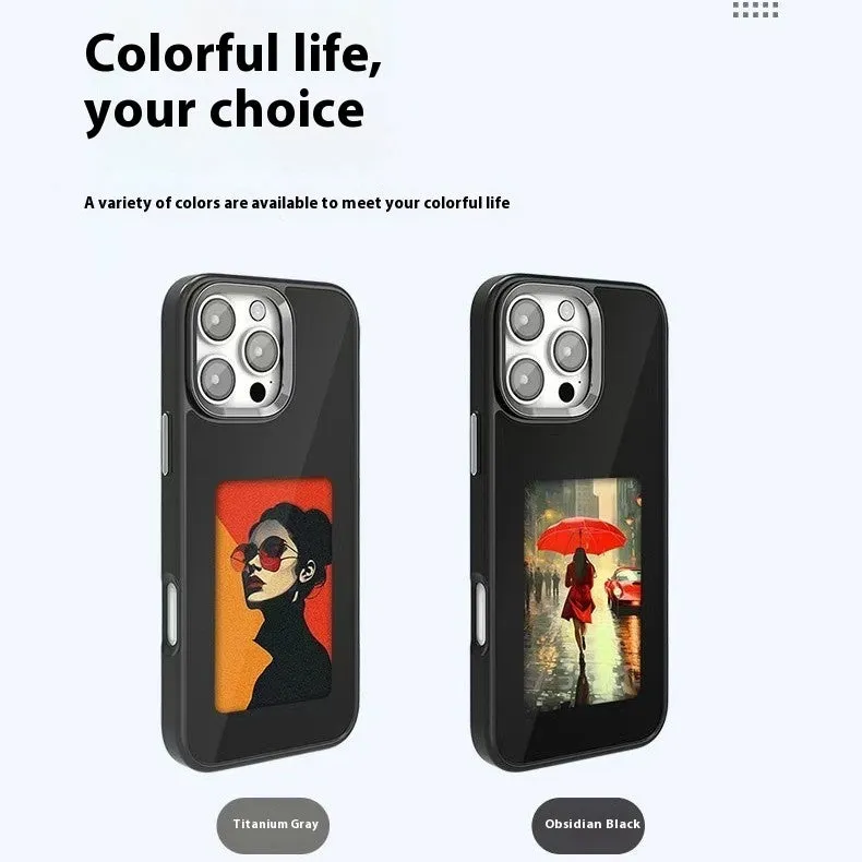 NFC four-colour E-ink screen AI projection phone case for iPhone, soft TPU composite board anti-fall cover in black with tulip design