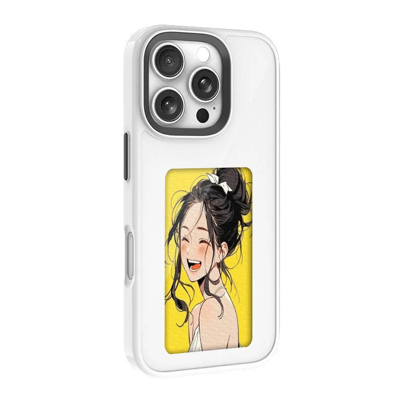 NFC four-colour E-ink screen AI projection phone case for iPhone, soft TPU composite board anti-fall cover in black with tulip design