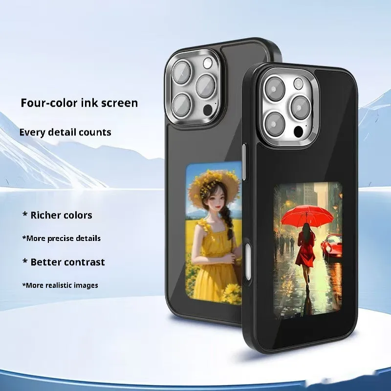 NFC four-colour E-ink screen AI projection phone case for iPhone, soft TPU composite board anti-fall cover in black with tulip design