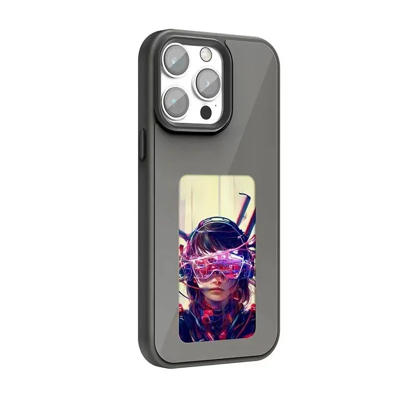 NFC four-colour E-ink screen AI projection phone case for iPhone, soft TPU composite board anti-fall cover in black with tulip design