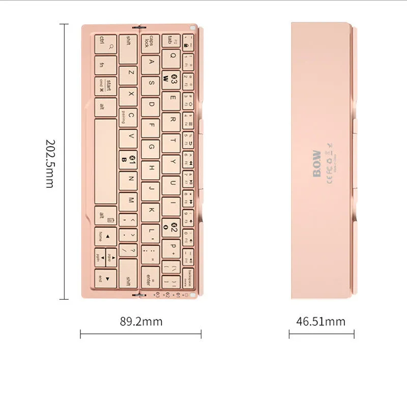 Silver white folding Bluetooth keyboard shown open with stand supporting a smartphone