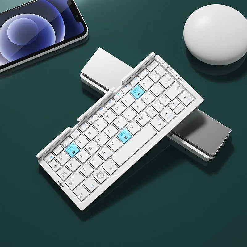 Silver white folding Bluetooth keyboard shown open with stand supporting a smartphone