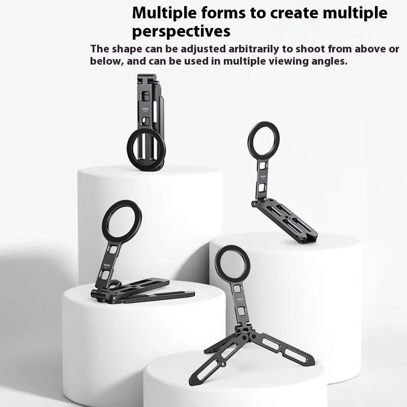 Black magnetic tripod bracket folded for travel, made of aluminum alloy, compatible with MagSafe and universal metal surfaces.