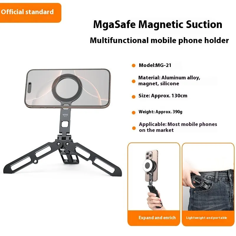 Black magnetic tripod bracket folded for travel, made of aluminum alloy, compatible with MagSafe and universal metal surfaces.