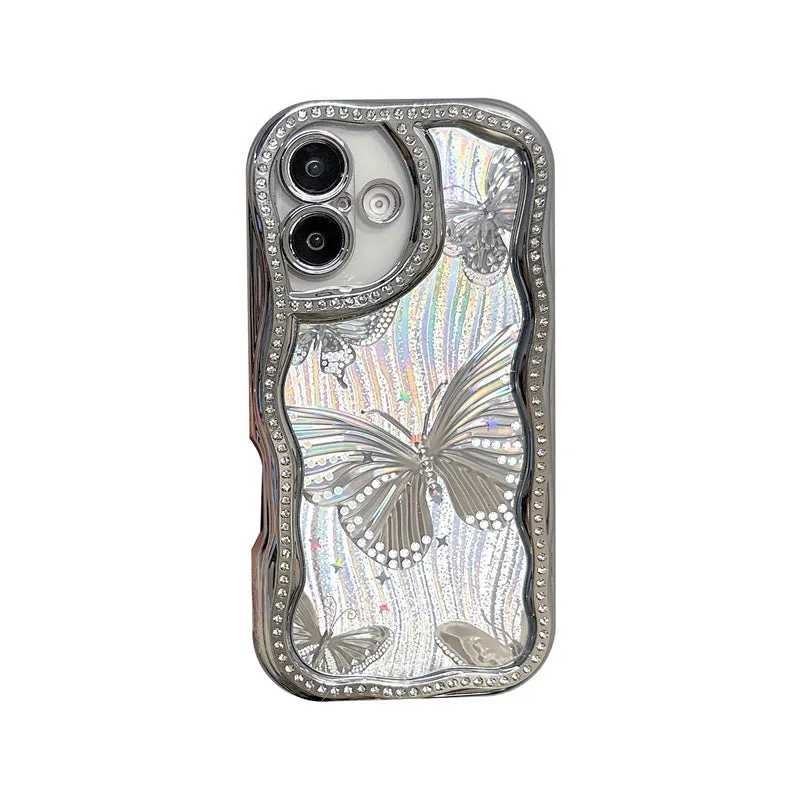 Cream epoxy electroplating diamond edge phone case with laser butterfly design for iPhone